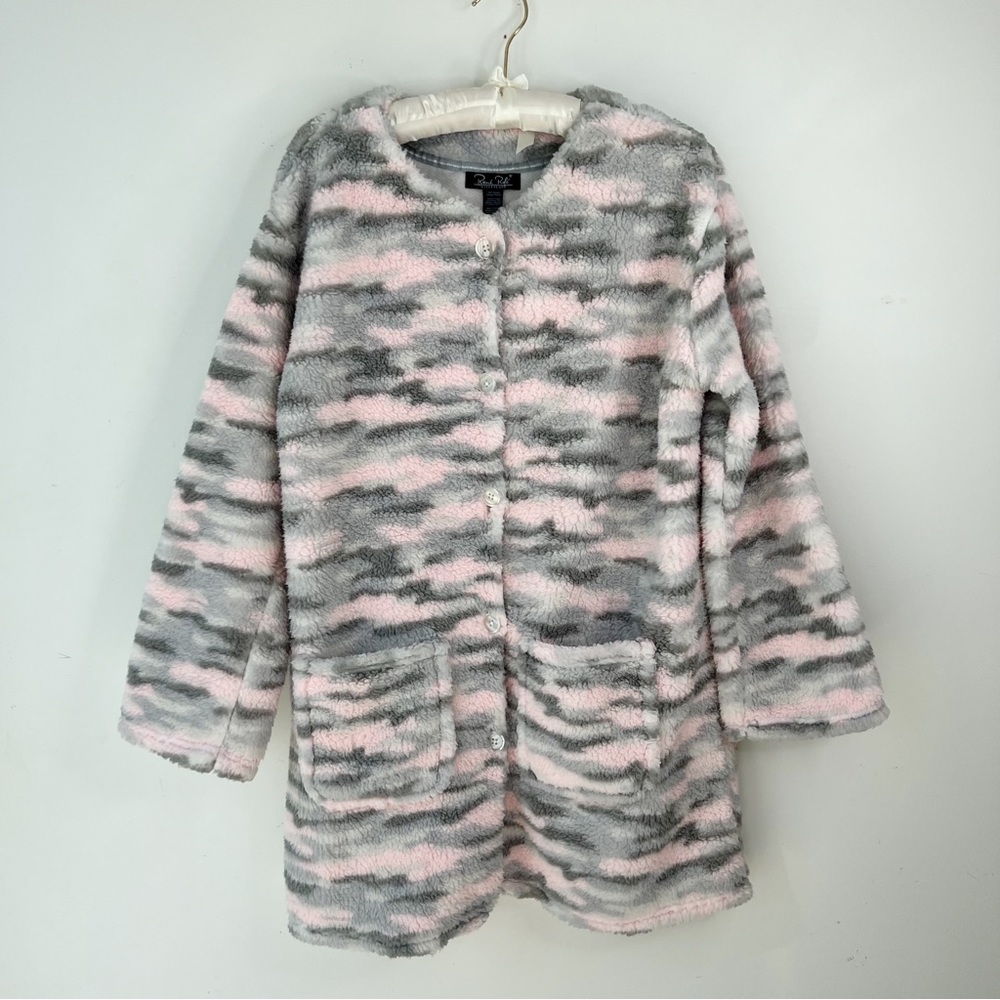 Rene Rofe teddy coat pink and grey camouflage button front Sz M